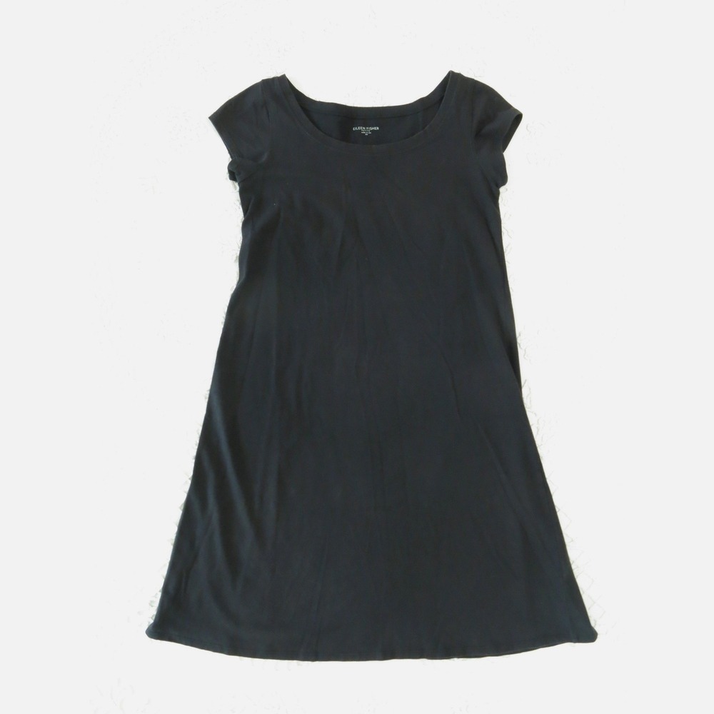 Eileen Fisher PP Petite XS Black Organic Cotton A-Line Cap Sleeve Dress Scoop